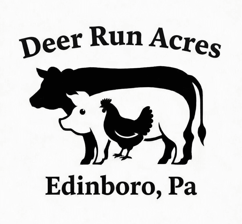 Deer Run Acres logo ā cow, pig, and chicken silhouettes
