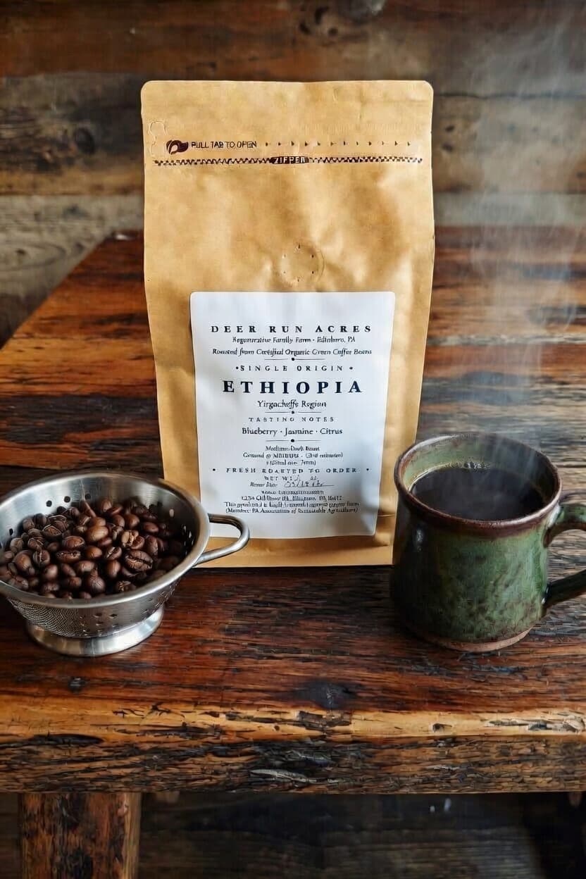 Ethiopia Yirgacheffe from Deer Run Acres — A vibrant, fruit-forward light-medium roast with tropical fruit, plum, hibiscus,